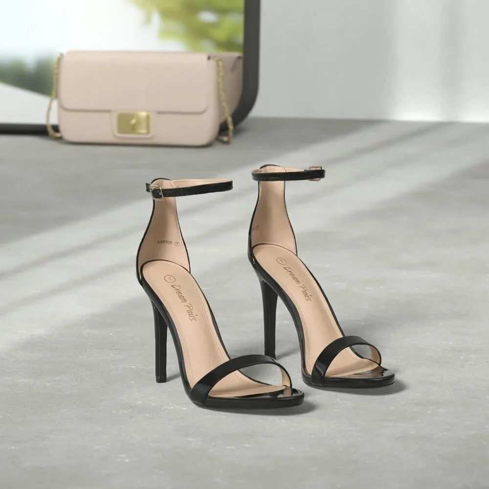 Women's Black-Pat Flower Ankle Strap Stiletto Round Open Toe Stylish Heel Shoe